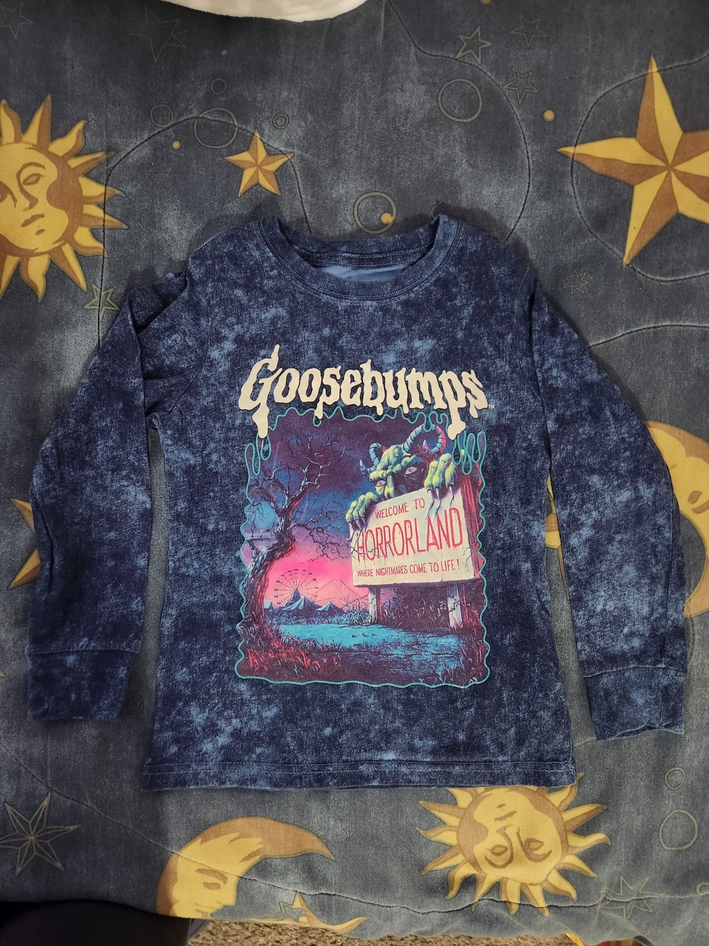 Goosebumps Kids' Long Sleeve Tee - Navy Tie-Dye Horrorland Graphic